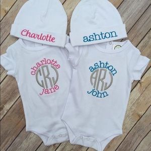 Custom embroidered baby onesies, baby blankets, and towels.